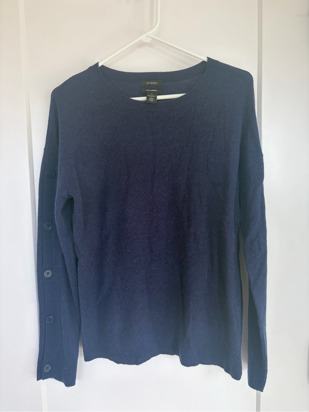 Halogen Navy Crewneck Sweater with Button-Trim Sleeve